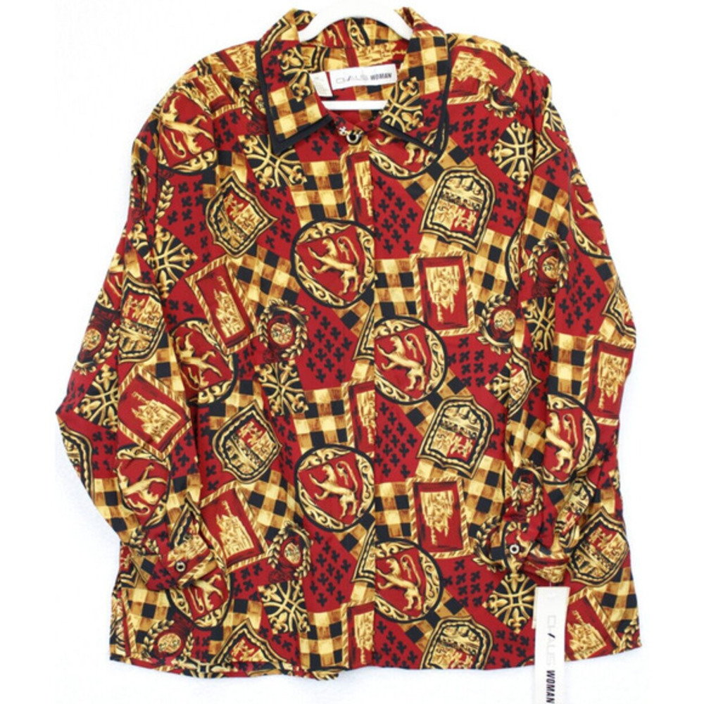 Chaus Woman 22‎ Blouse Heraldry Castles Lion Crest Print Red Gold Black Vtg 90